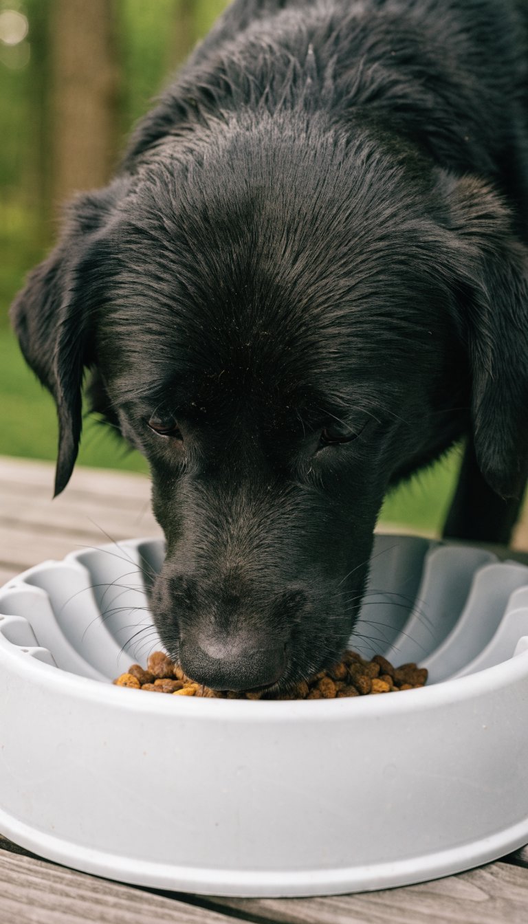 closeup of a Labrador face at a slow-feeder bowl