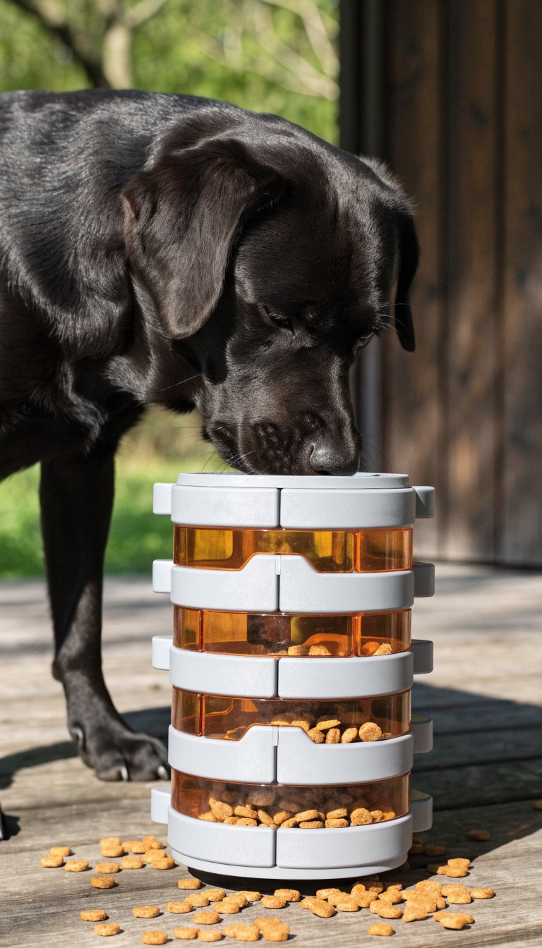 closeup of a Labrador interacting with a puzzle toy sealable lid removed