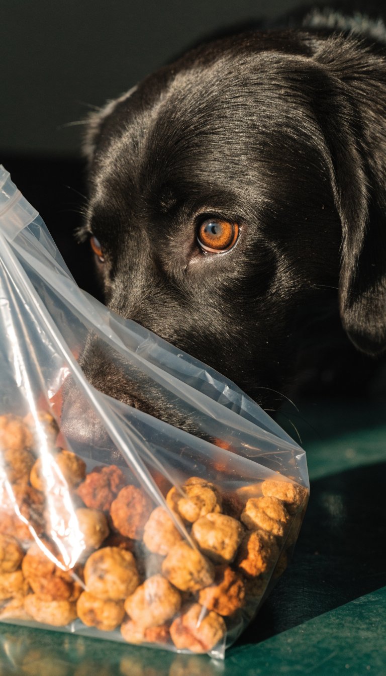 Closeup of a Labrador eyeing a treat bag, focused on gaze