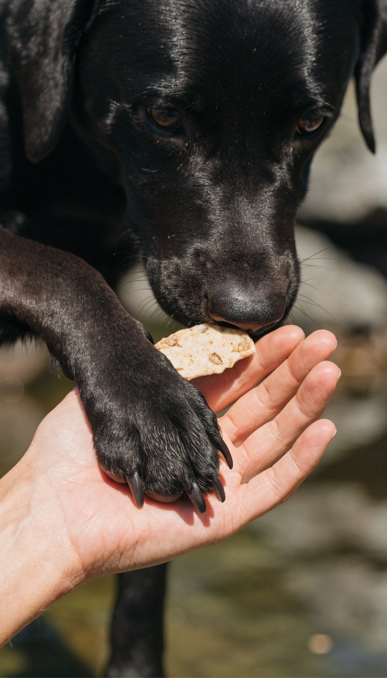 Closeup of Labrador paw nudging a treat to trade with handler’s hand