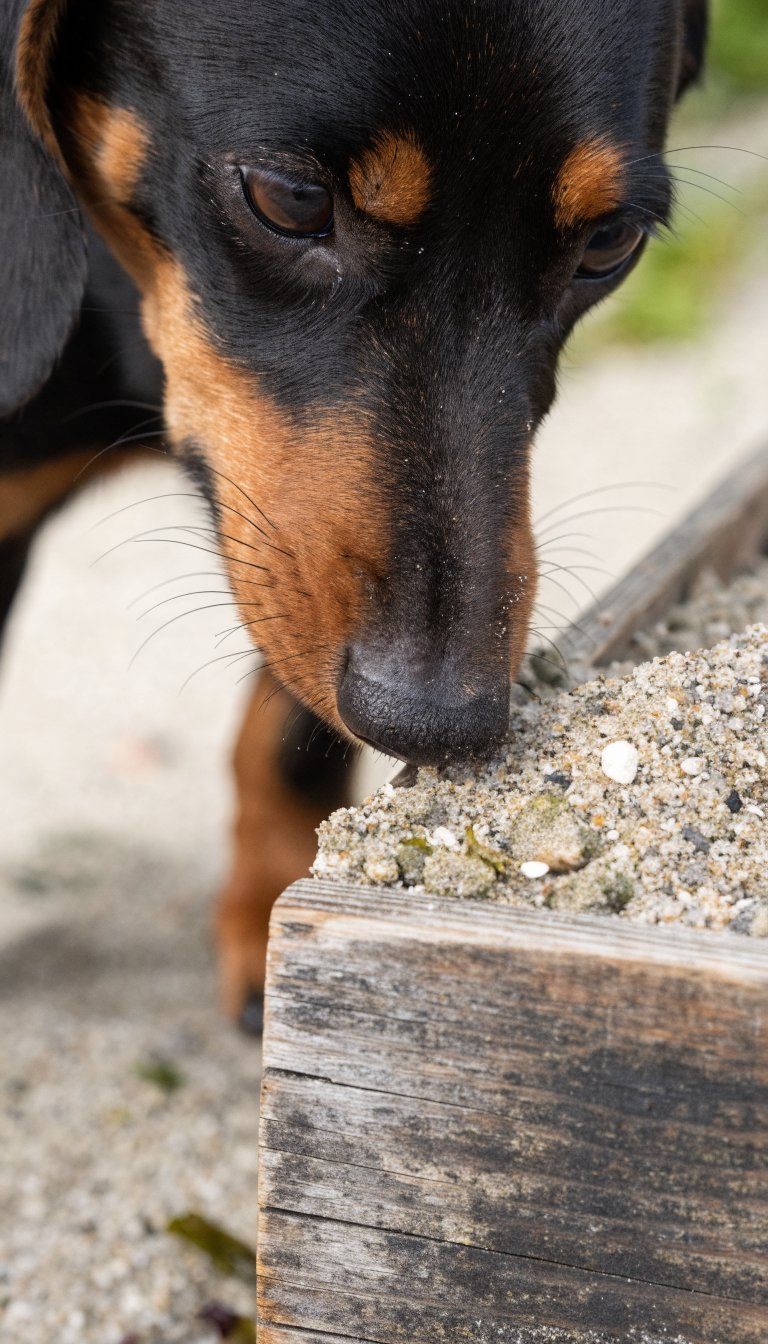 closeup of a dachshund nose sniffing at sandy box edge