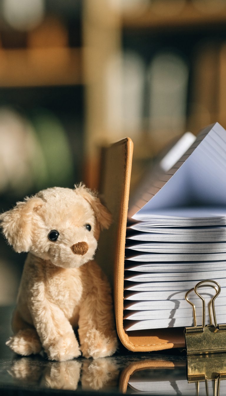 Closeup of a tiny puppy toy beside a neatly filed expense notebook