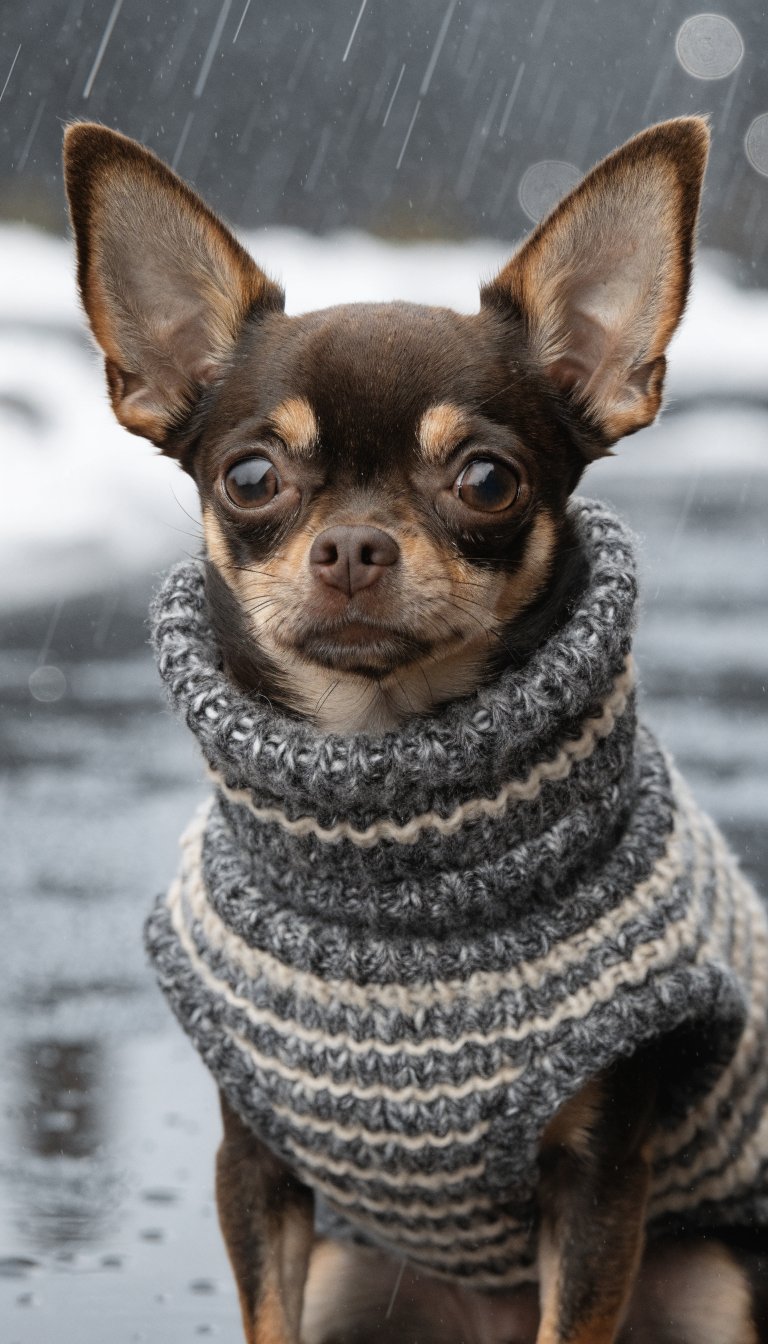 Closeup of a Chihuahua wearing a snug winter coat, chest coverage visible