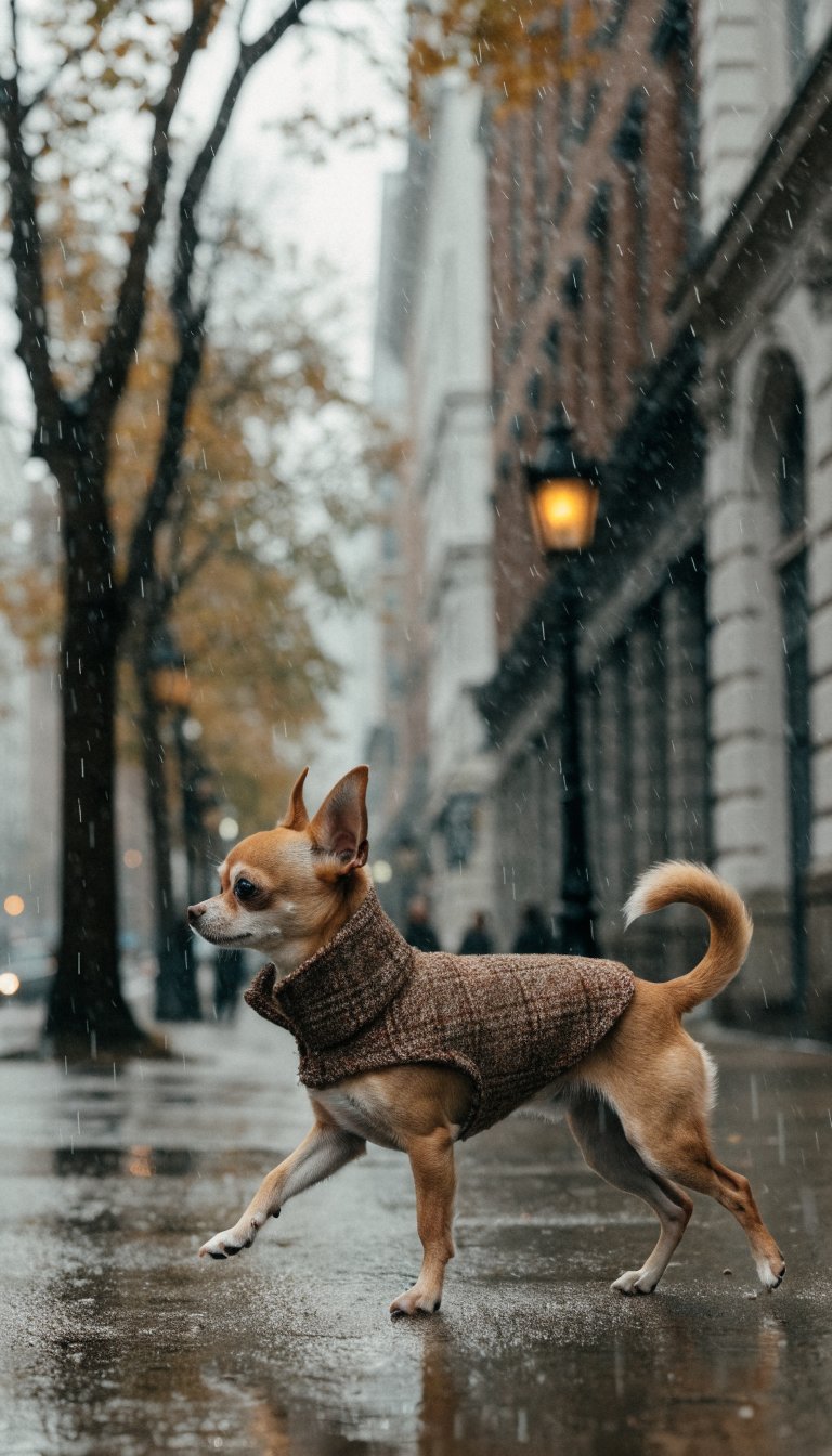 Side profile of a Chihuahua in a tailored coat, windblock collar emphasized
