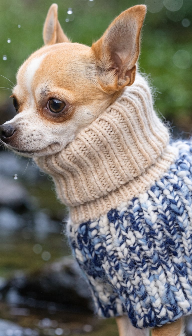Macro shot of Chihuahua’s coat texture and stitching, focus on fit at neck