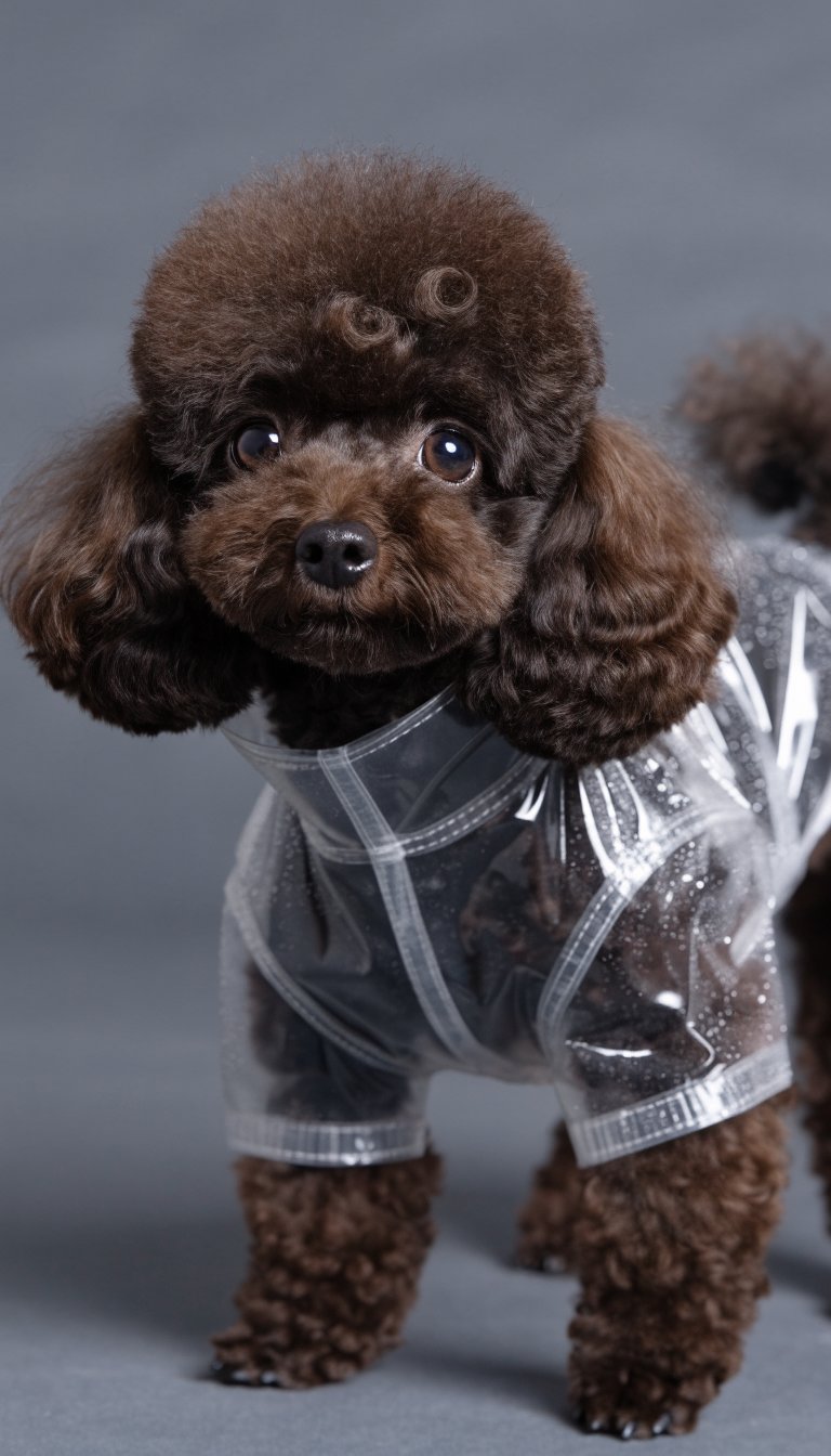 Closeup of toy poodle wearing snug raincoat on gray backdrop
