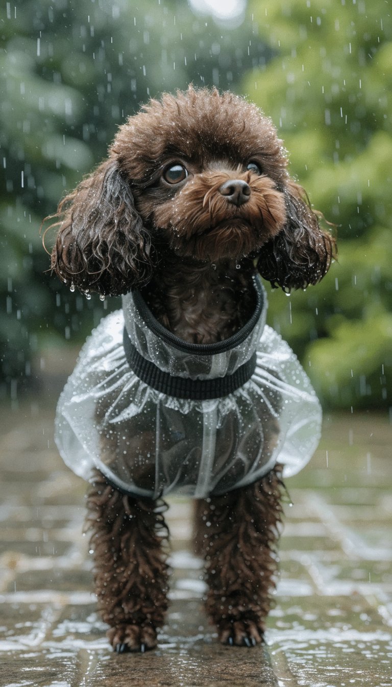 Closeup of miniature poodle in compact raincoat, chest detail visible
