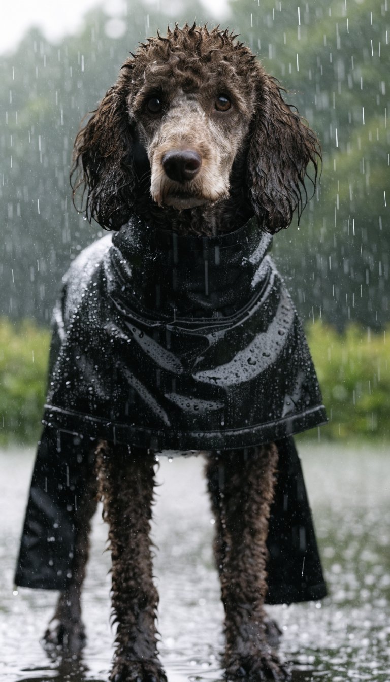 Closeup of standard poodle in longer-back raincoat, dripping rain ambiance