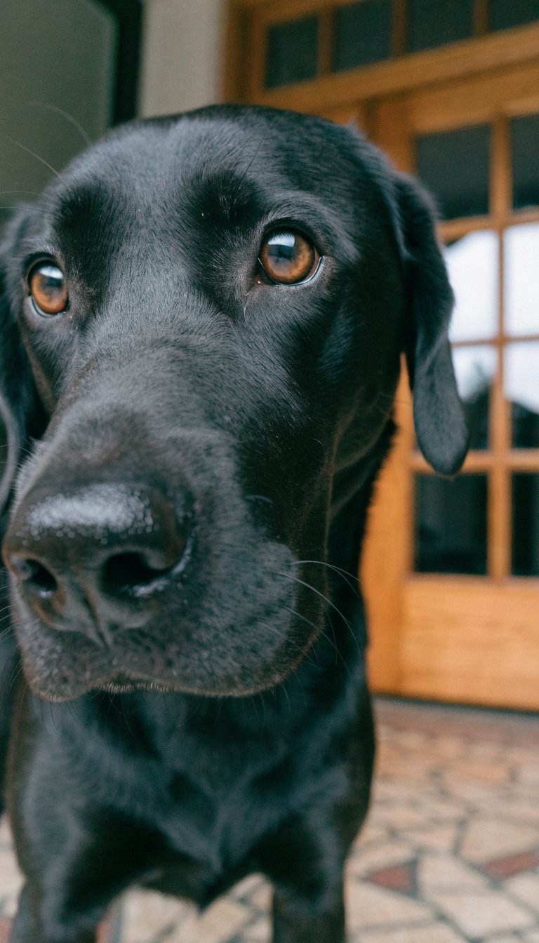 Closeup of a Labrador’s eager face, eyes locked on camera, calm greeting stance