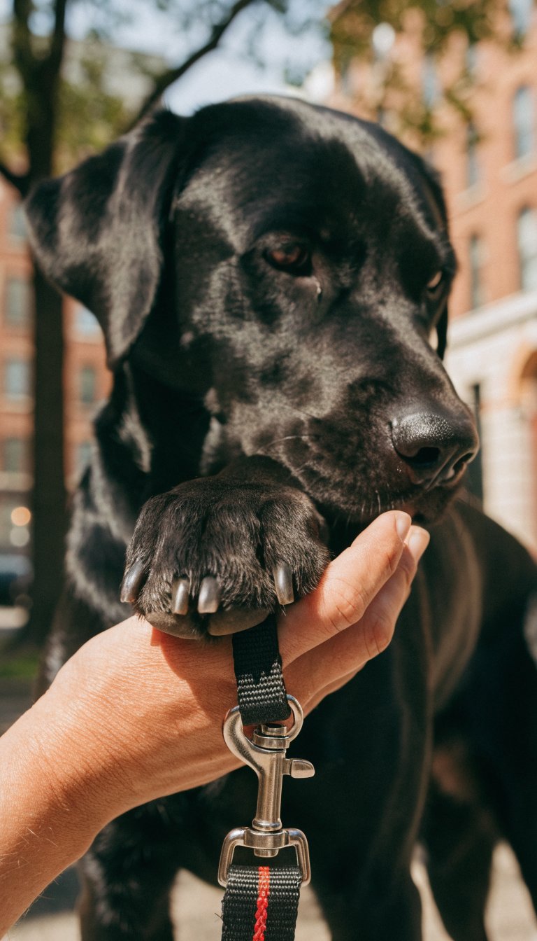 Closeup of Labrador paw resting on a human hand, gentle leash handling