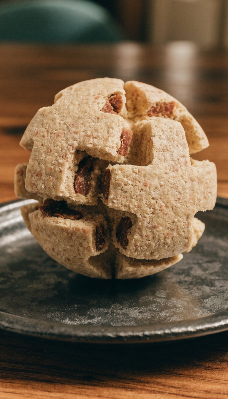 Closeup of puzzle treat with bite-sized chunk broken off for large dog