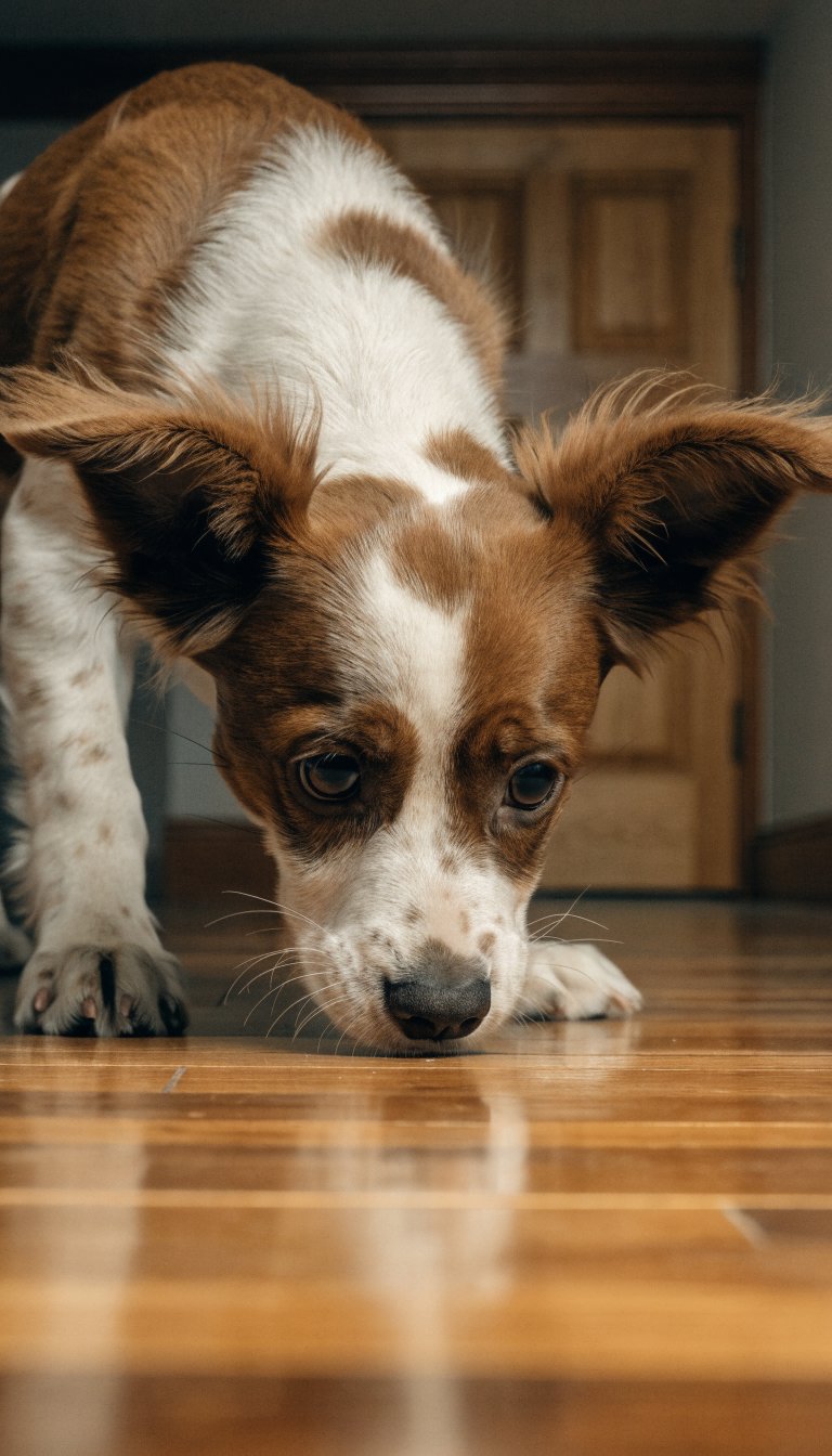 closeup of a puppy's face and alert ears during sniff walkindoors