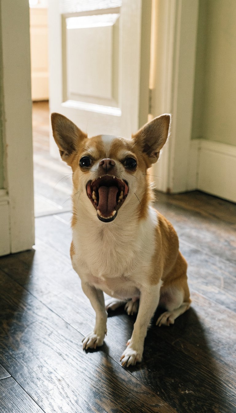 closeup of Chihuahua barking at doorway with focused eyes