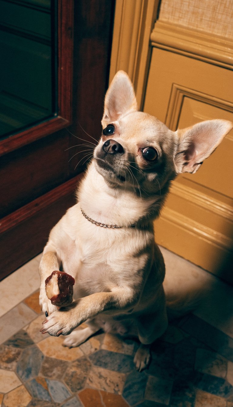 closeup of Chihuahua sitting, pre-door ritual pose and treat