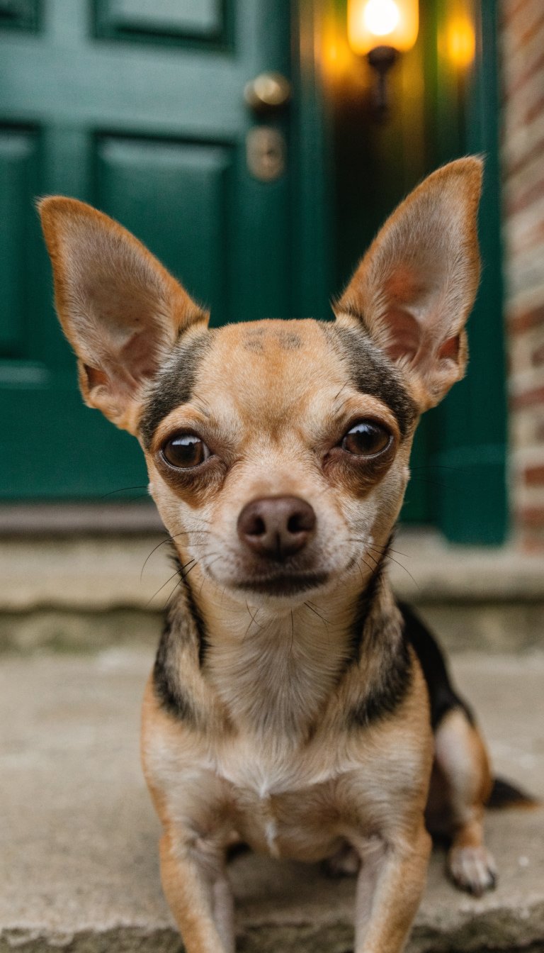 closeup of Chihuahua ears perked, porch light glow behind door