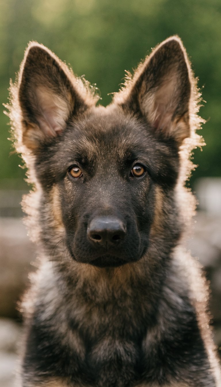 Closeup of a German Shepherd puppy’s face, gaze forward, soft natural light