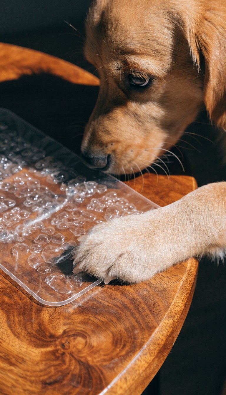 Closeup of a puppy paw touching a printed tracker page on a wooden table