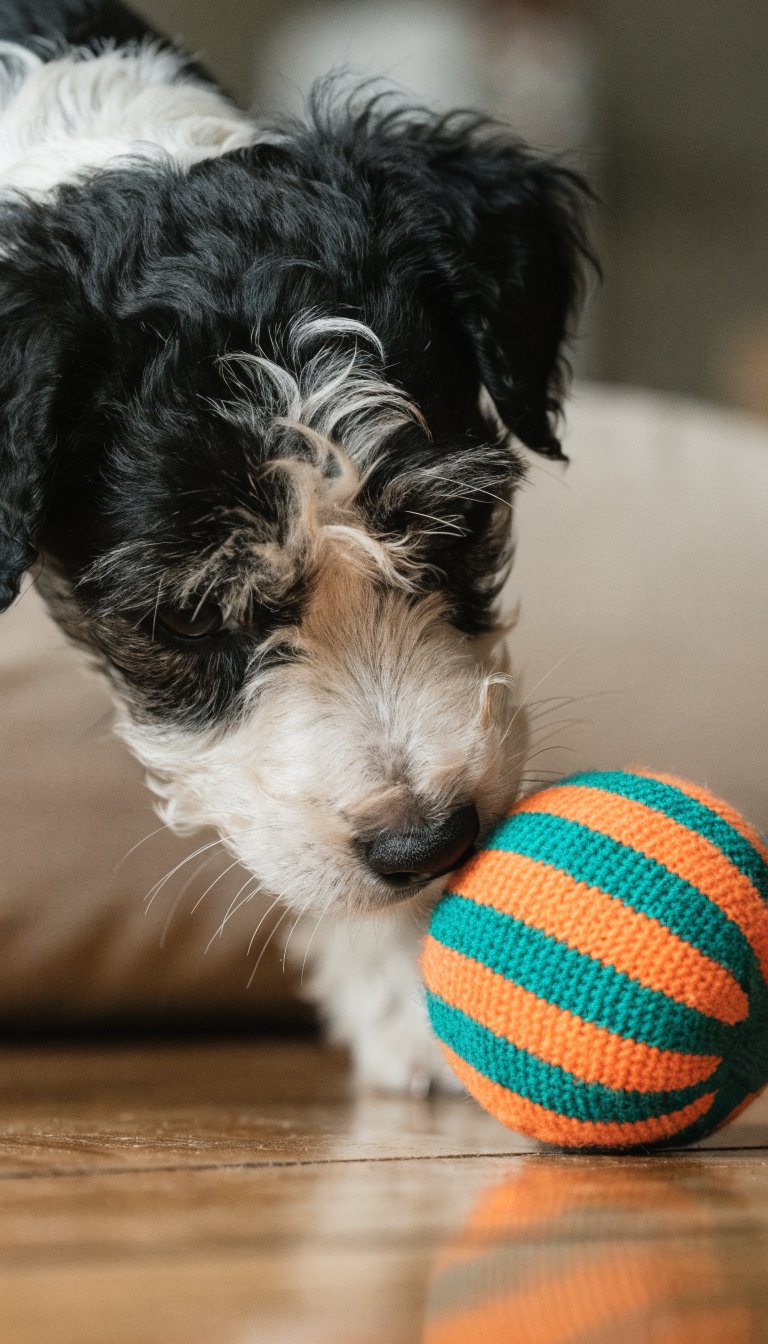 Closeup of tiny puppy nose sniffing a colorful toy, shallow depth of field